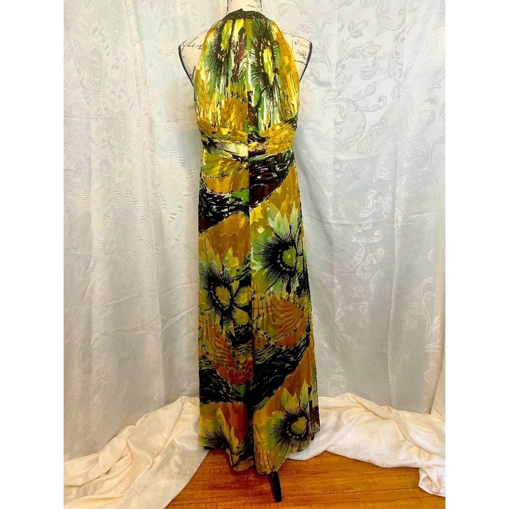 Cachet Silk and Rayon Size 10, gold/green, beaded and jeweled collar gown. - Picture 5 of 10